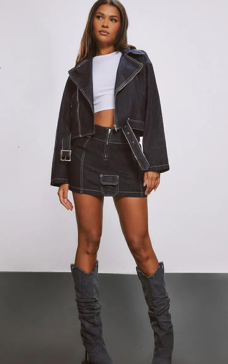 Clearance PrettyLittleThing Cargo Pocket Seam Detail Denim Mini Skirt Raw Indigo Wash
