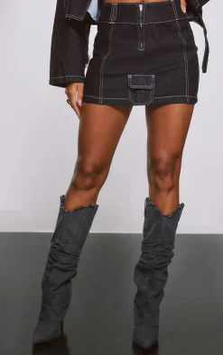 Clearance PrettyLittleThing Cargo Pocket Seam Detail Denim Mini Skirt Raw Indigo Wash