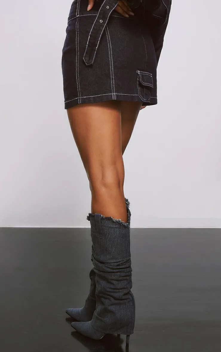 Clearance PrettyLittleThing Cargo Pocket Seam Detail Denim Mini Skirt Raw Indigo Wash
