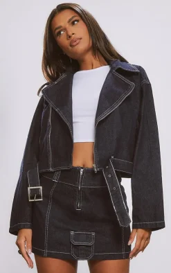 Clearance PrettyLittleThing Cargo Pocket Seam Detail Denim Mini Skirt Raw Indigo Wash