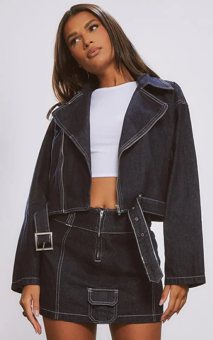 Clearance PrettyLittleThing Cargo Pocket Seam Detail Denim Mini Skirt Raw Indigo Wash