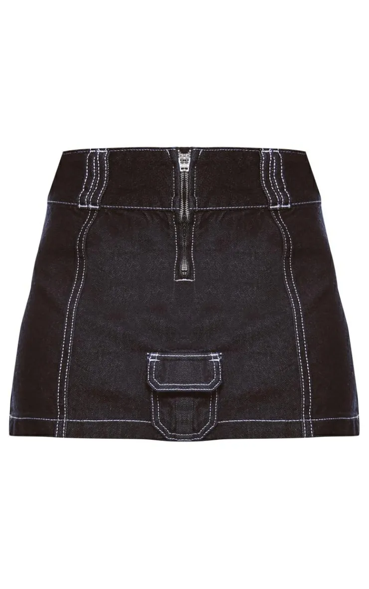 Clearance PrettyLittleThing Cargo Pocket Seam Detail Denim Mini Skirt Raw Indigo Wash
