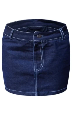 New PrettyLittleThing Contrast Stitch Denim Mini Skirt Raw Indigo Wash