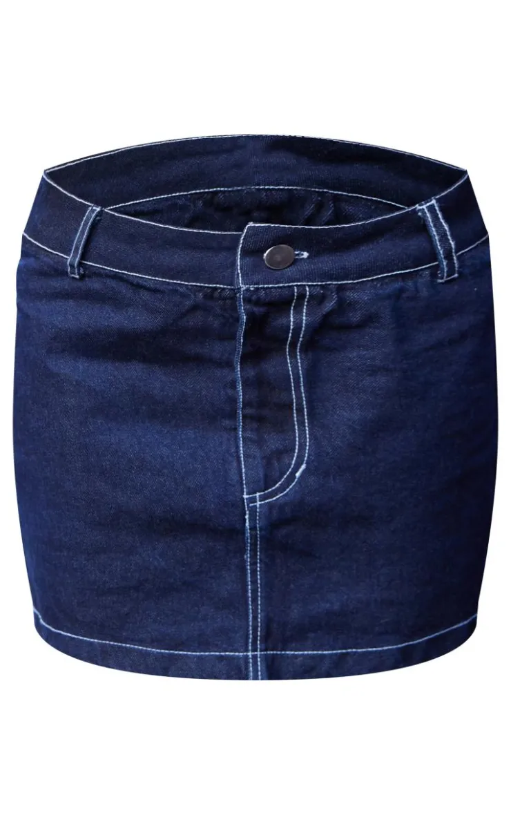 New PrettyLittleThing Contrast Stitch Denim Mini Skirt Raw Indigo Wash