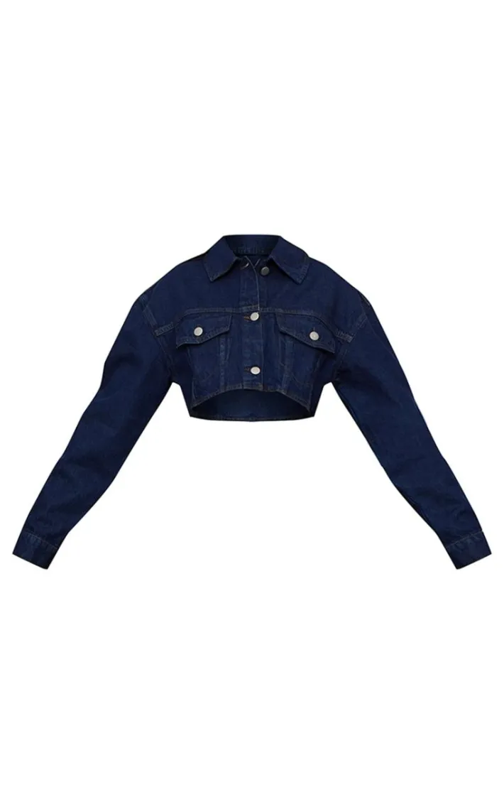 Raw Indigo Wash Contrast Stitch Cropped Denim Jacket