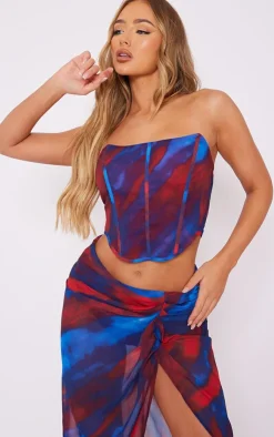 Online PrettyLittleThing Abstract Print Chiffon Structu Bandeau Corset Red