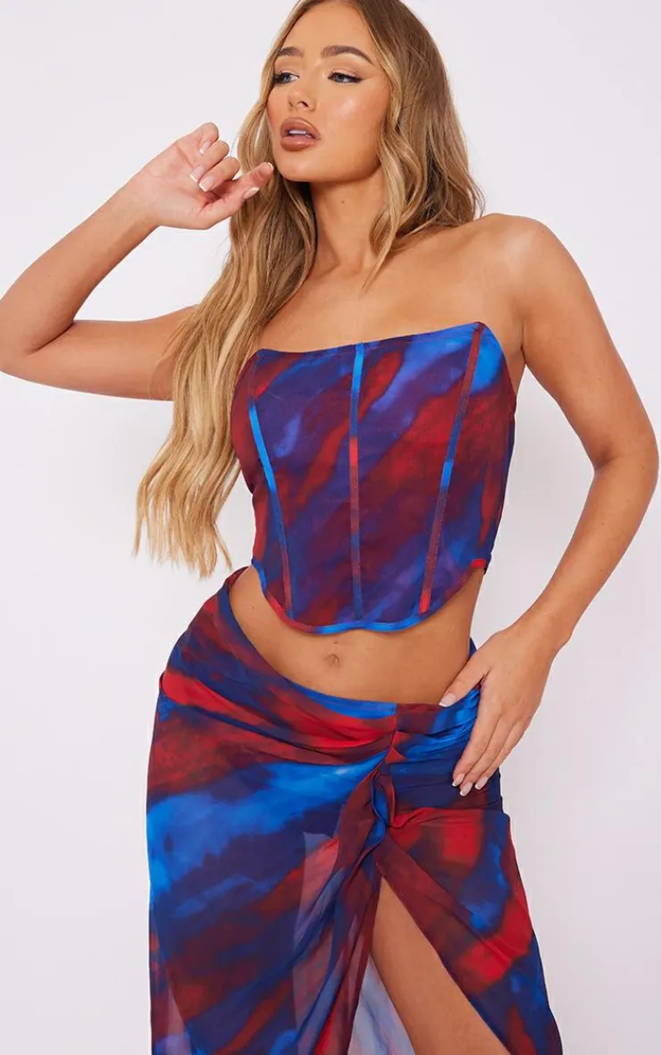 Online PrettyLittleThing Abstract Print Chiffon Structu Bandeau Corset Red