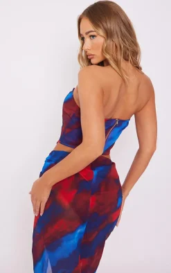 Online PrettyLittleThing Abstract Print Chiffon Structu Bandeau Corset Red