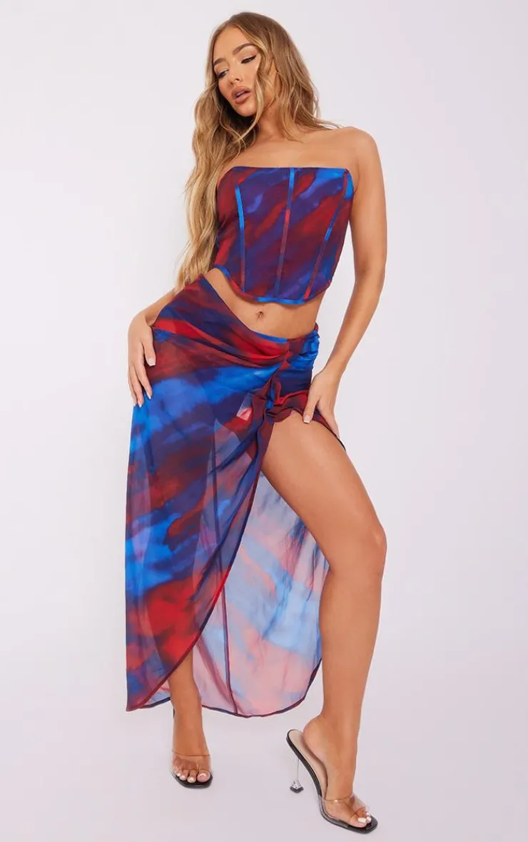 Online PrettyLittleThing Abstract Print Chiffon Structu Bandeau Corset Red