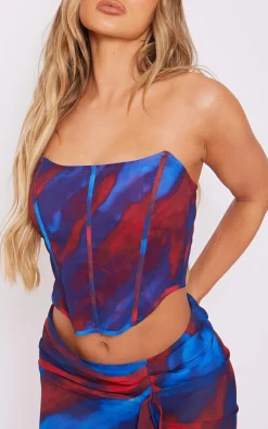 Online PrettyLittleThing Abstract Print Chiffon Structu Bandeau Corset Red