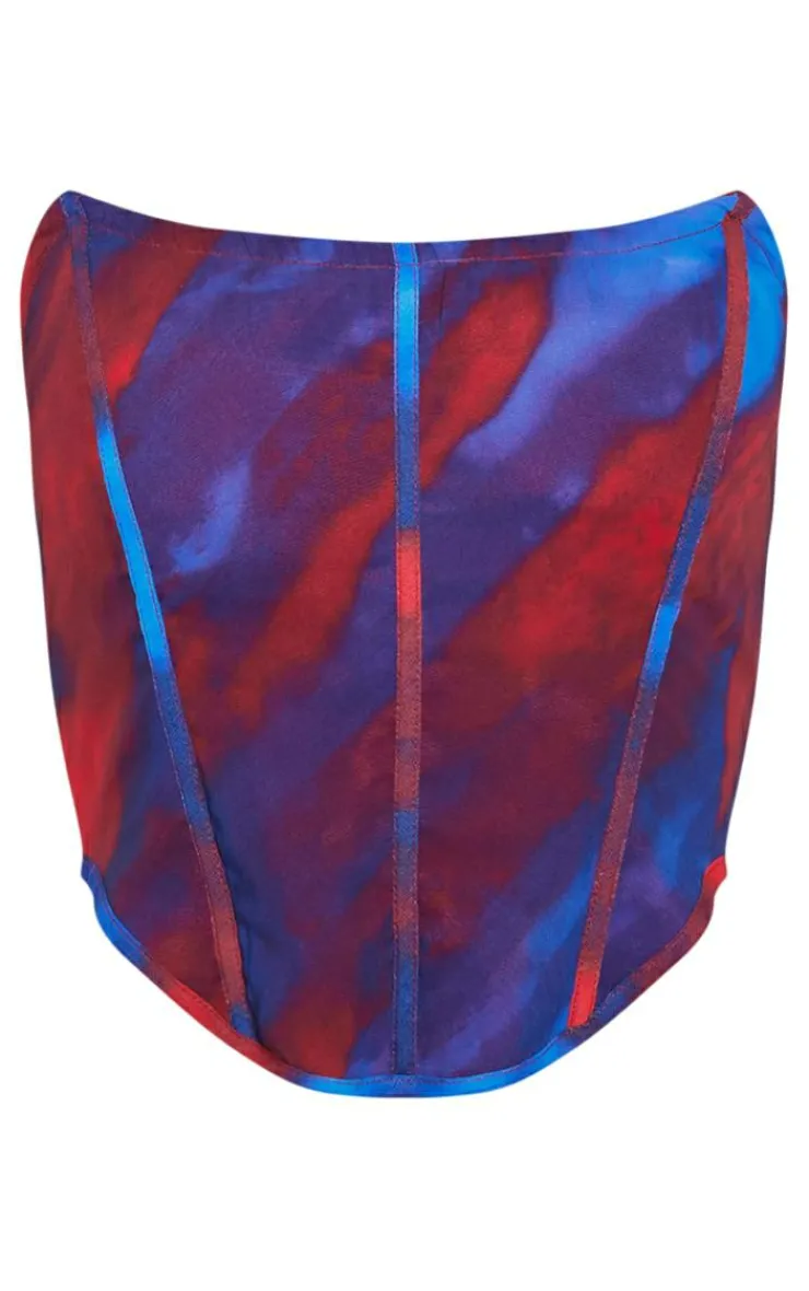 Online PrettyLittleThing Abstract Print Chiffon Structu Bandeau Corset Red