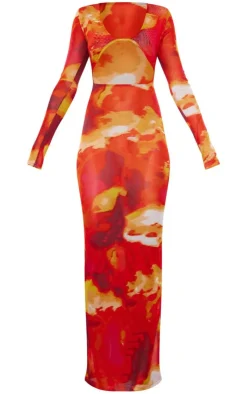 Abstract Print Cut Out Long Sleeve Mesh Maxi Dress-PrettyLittleThing Online