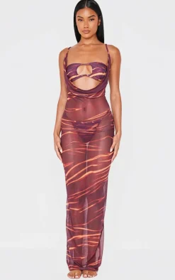 Red Abstract Print Deep Plunge Maxi Beach Dress