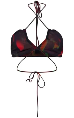 New PrettyLittleThing Abstract Print Halterneck Crop Top Red