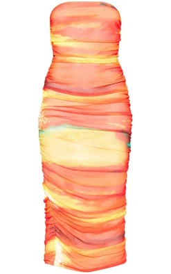 Abstract Print Mesh Bandeau Ruched Maxi Dress-PrettyLittleThing Hot