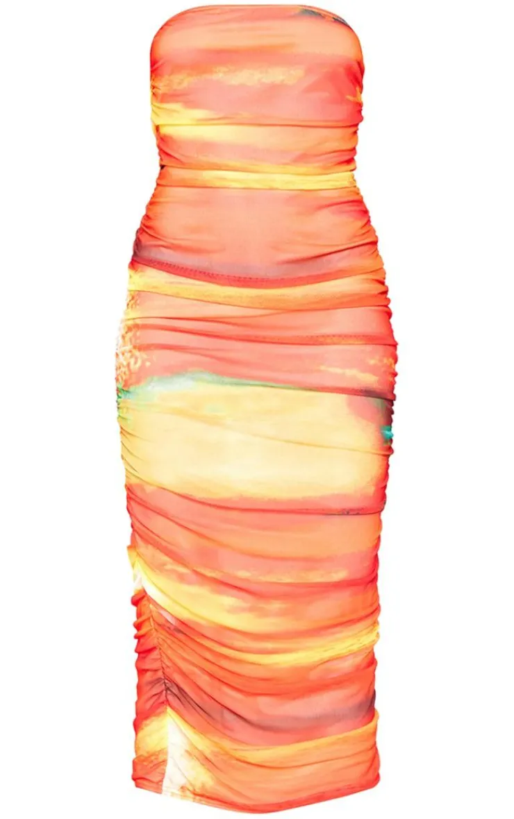 Abstract Print Mesh Bandeau Ruched Maxi Dress-PrettyLittleThing Hot