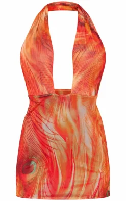 Abstract Print Mesh Backless Halterneck Bodycon Dress-PrettyLittleThing New