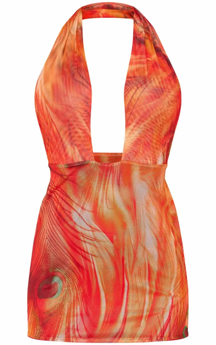 Abstract Print Mesh Backless Halterneck Bodycon Dress-PrettyLittleThing New