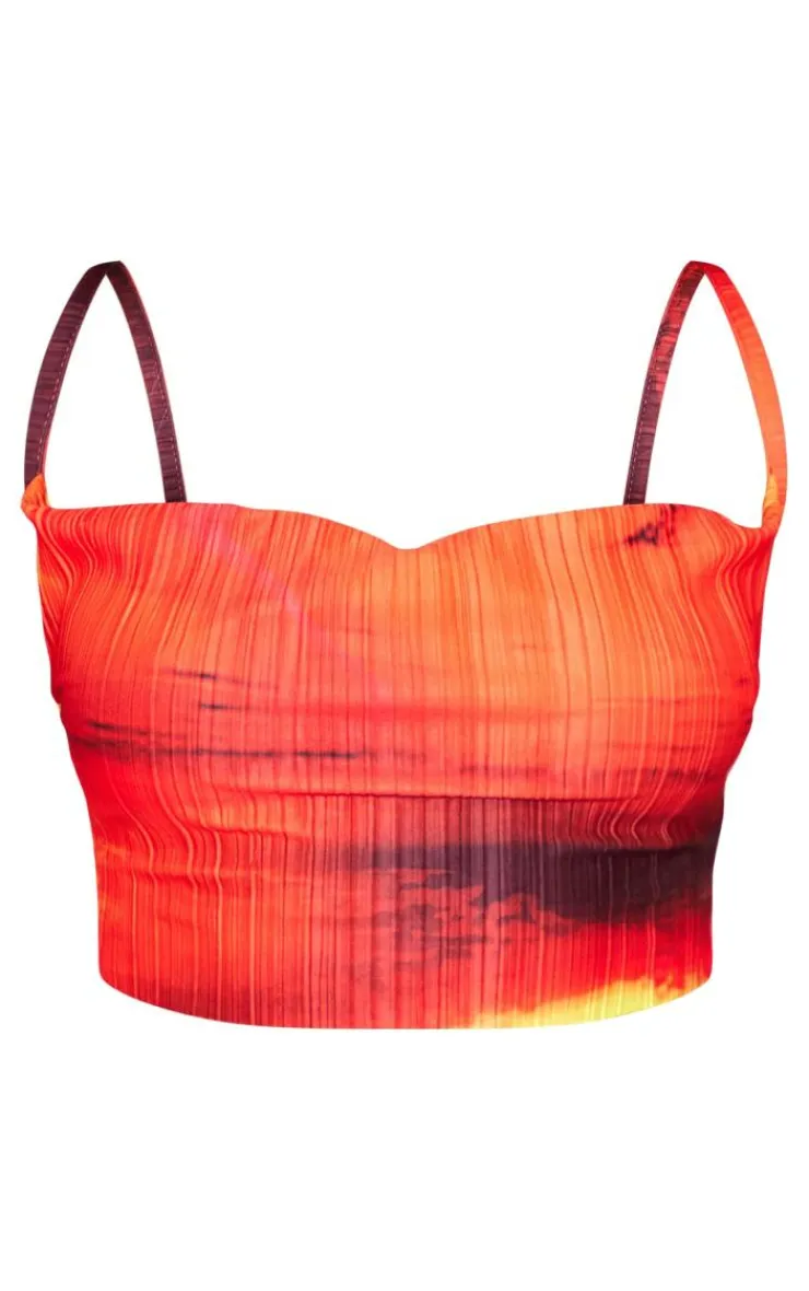 Best PrettyLittleThing Abstract Print Plisse Strappy Cowl Neck Top Red