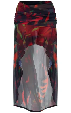 Outlet PrettyLittleThing Abstract Print Ruffle Detail Maxi Skirt Red