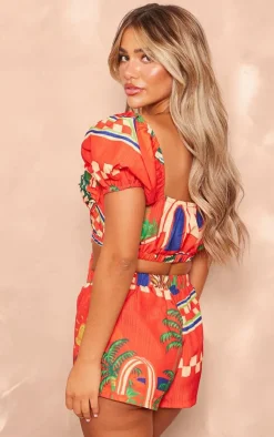 New PrettyLittleThing Abstract Print Woven Puff Sleeve Crop Top Red