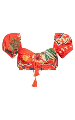 New PrettyLittleThing Abstract Print Woven Puff Sleeve Crop Top Red