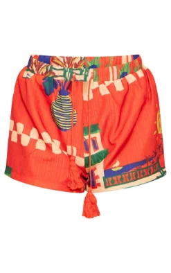 Discount PrettyLittleThing Abstract Print Woven Shorts Red