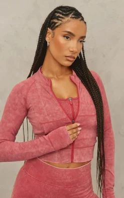 PrettyLittleThing Athletic Jackets*Acid Wash Seamless Zip Up Cropped Jacket