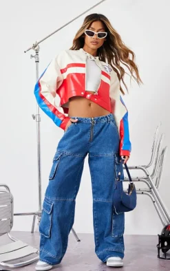 PrettyLittleThing Faux Leather Jackets*And White Contrast Panel Graphic Back Faux Leather Racer Jacket
