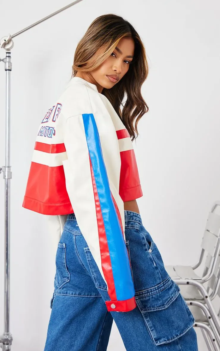 PrettyLittleThing Faux Leather Jackets*And White Contrast Panel Graphic Back Faux Leather Racer Jacket