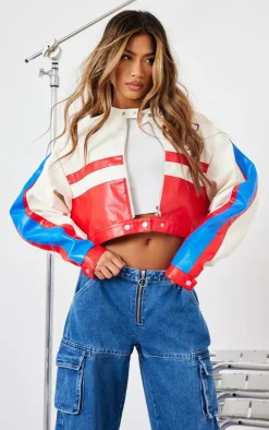 PrettyLittleThing Faux Leather Jackets*And White Contrast Panel Graphic Back Faux Leather Racer Jacket
