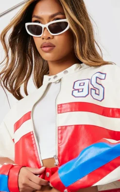 PrettyLittleThing Faux Leather Jackets*And White Contrast Panel Graphic Back Faux Leather Racer Jacket