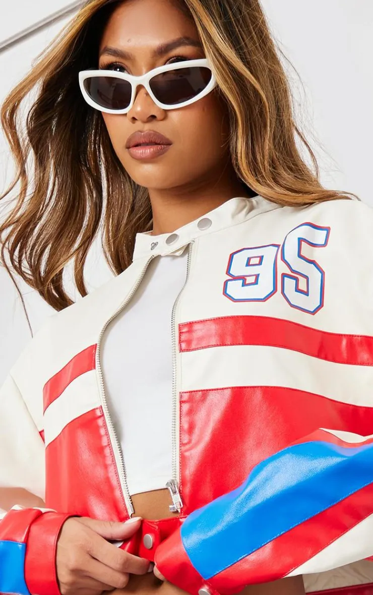 PrettyLittleThing Faux Leather Jackets*And White Contrast Panel Graphic Back Faux Leather Racer Jacket