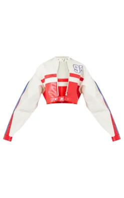 PrettyLittleThing Faux Leather Jackets*And White Contrast Panel Graphic Back Faux Leather Racer Jacket