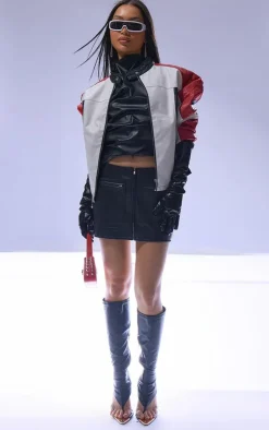 And White Quilted Detail Biker Jacket-PrettyLittleThing Online