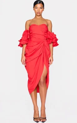 Bardot Frill Sleeve Draped Midi Dress-PrettyLittleThing