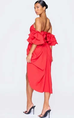 Bardot Frill Sleeve Draped Midi Dress-PrettyLittleThing