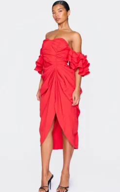 Bardot Frill Sleeve Draped Midi Dress-PrettyLittleThing