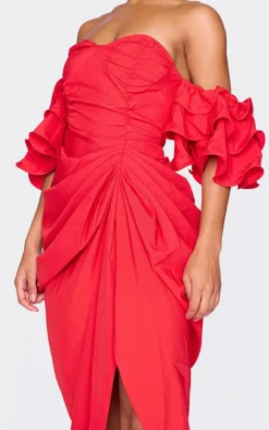 Bardot Frill Sleeve Draped Midi Dress-PrettyLittleThing
