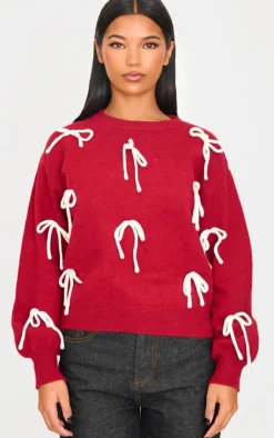 PrettyLittleThing Oversized Sweaters*Bow Detail Oversized Christmas Sweater