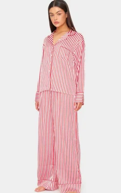 Red Candy Stripe Satin Long Pj Set