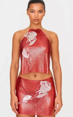 PrettyLittleThing Chain Mail Rose Diamante Top Red
