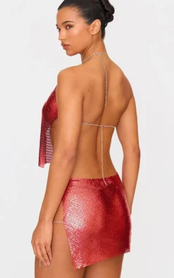 PrettyLittleThing Chain Mail Rose Diamante Top Red