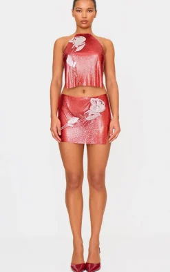 PrettyLittleThing Chain Mail Rose Diamante Top Red