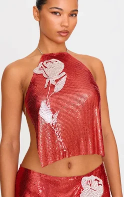 PrettyLittleThing Chain Mail Rose Diamante Top Red