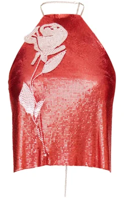 PrettyLittleThing Chain Mail Rose Diamante Top Red