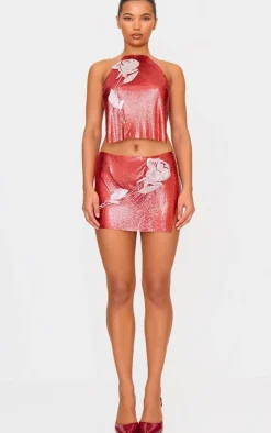 PrettyLittleThing Chain Mail Rose Diamante Micro Mini Skirt Red