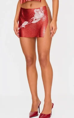 PrettyLittleThing Chain Mail Rose Diamante Micro Mini Skirt Red