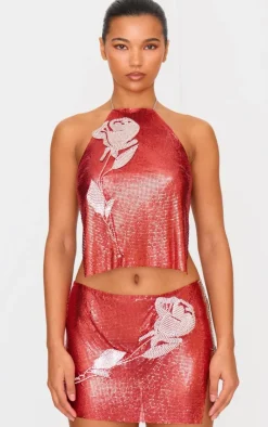 PrettyLittleThing Chain Mail Rose Diamante Micro Mini Skirt Red