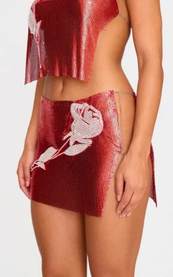 PrettyLittleThing Chain Mail Rose Diamante Micro Mini Skirt Red